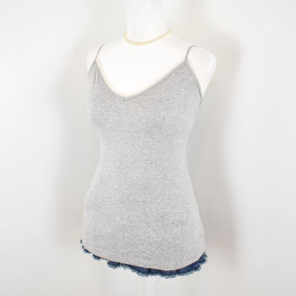 Y2K VTG 00s Express Gray Jersey Knit White Lace Trim Babydoll Cami Top Sz M - Picture 2 of 6